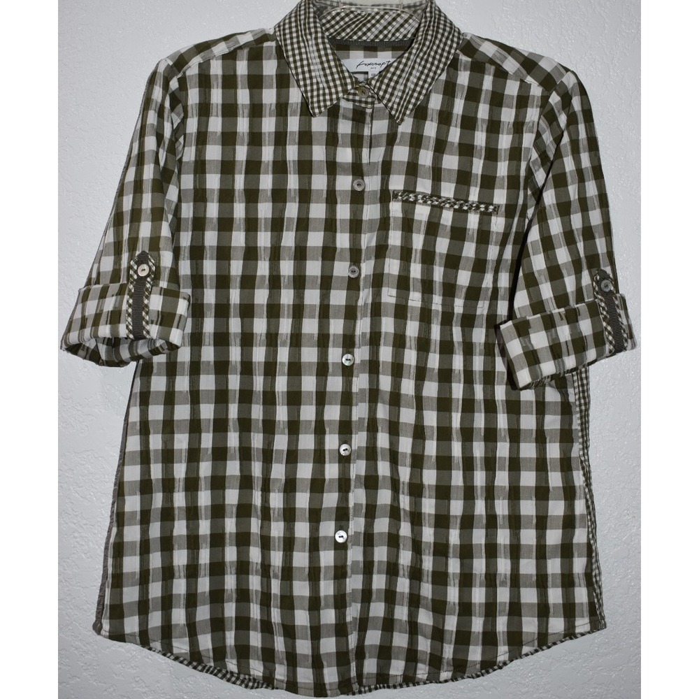 Foxcroft 6P‎ Shirt Button Front Contrast Crinkle Check Cotton Short Tab Sleeve